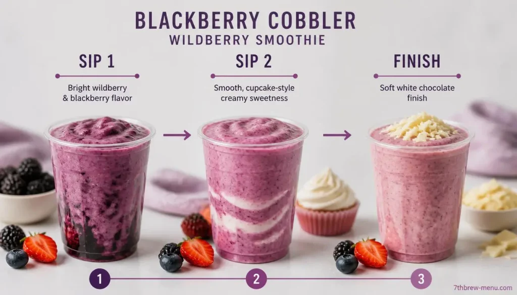 Blackberry Cobbler Wildberry Smoothie tasting timeline showing wildberry and blackberry in Sip 1, creamy cupcake flavor in Sip 2, and a soft white chocolate finish.