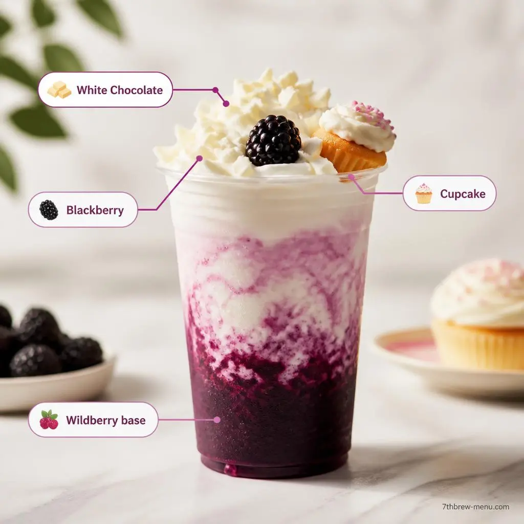 Blackberry Cobbler Wildberry Smoothie infographic showing Wildberry base, blackberry, cupcake, and white chocolate components.