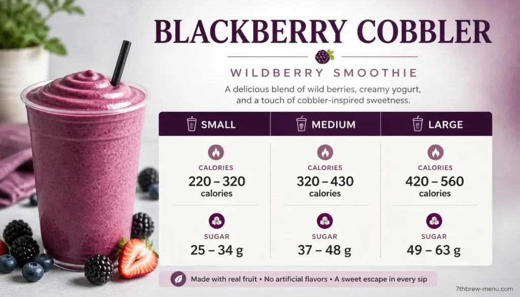 Blackberry Cobbler Wildberry Smoothie comparison infographic showing small, medium, and large sizes with their calorie and sugar ranges.